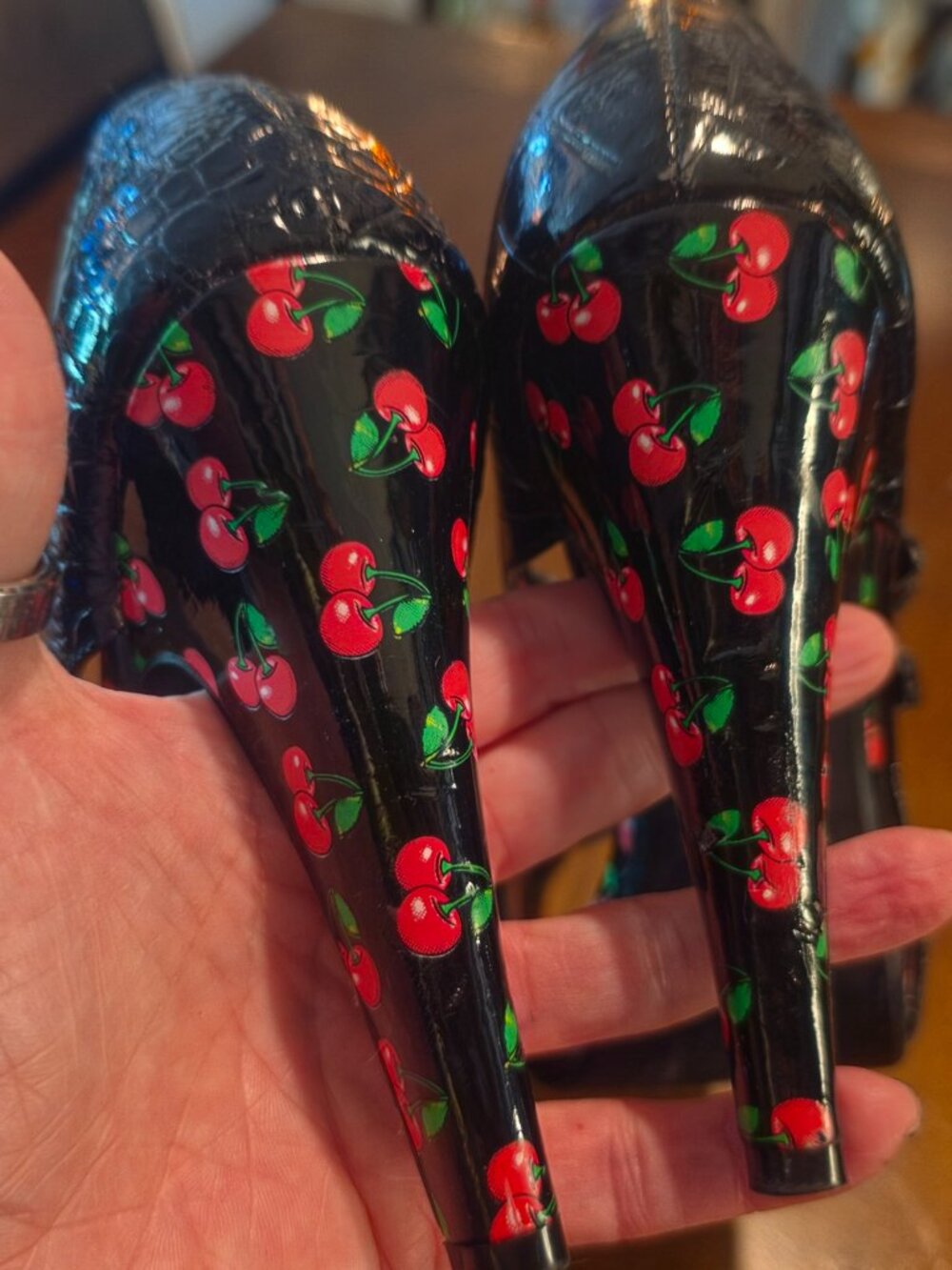 Pin‑Up Couture Black Croc Peep‑Toe Heels — Cherry Lining — Double Buckle Straps - Picture 3 of 4